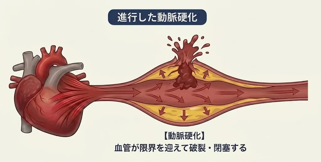 進行した動脈硬化によって血管が破裂・閉塞する図